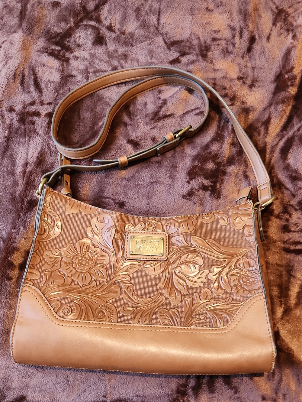 Frye and Co Tooled Floral Embossed Crossbody Hobo Bag Cognac